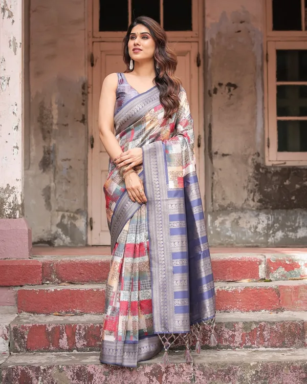 Multicolor_Banarasi_Silk_Saree_with_Abstract_Checkered_Print_&_Lavender_Zari_Border