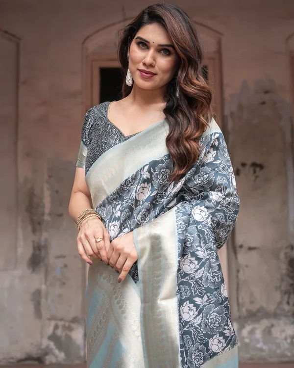 Sophisticated_Floral_Banarasi_Silk_Saree_with_Light_Blue_Zari_Border