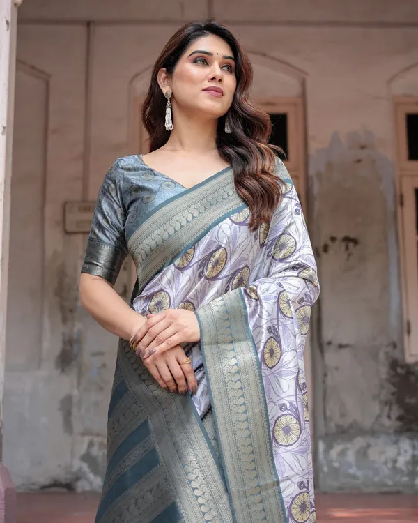 Sophisticated_Lilac_Banarasi_Silk_Saree_with_Floral_Prints_and_Zari_Tassel_Border