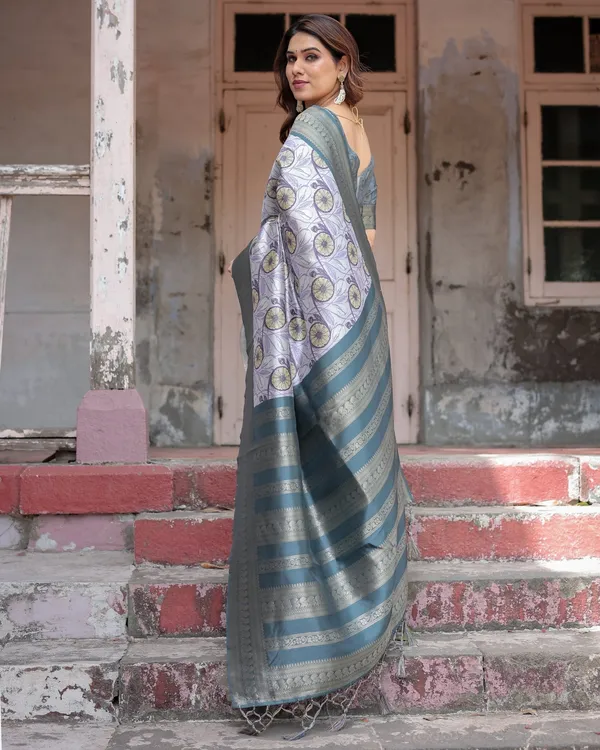 Sophisticated_Lilac_Banarasi_Silk_Saree_with_Floral_Prints_and_Zari_Tassel_Border