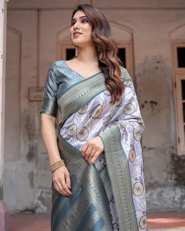 Sophisticated_Lilac_Banarasi_Silk_Saree_with_Floral_Prints_and_Zari_Tassel_Border
