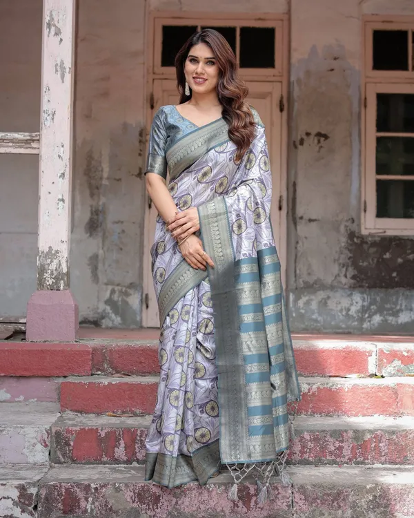 Sophisticated_Lilac_Banarasi_Silk_Saree_with_Floral_Prints_and_Zari_Tassel_Border