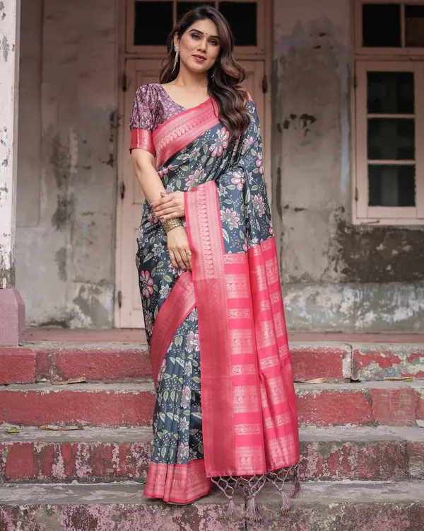 Floral_Navy_Banarasi_Silk_Saree_with_Bright_Pink_Zari_Border_and_Tassels