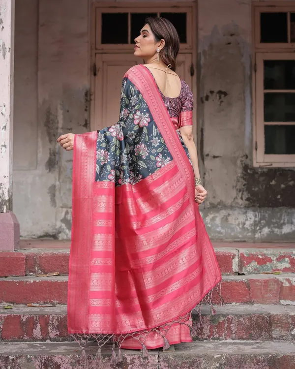 Floral_Navy_Banarasi_Silk_Saree_with_Bright_Pink_Zari_Border_and_Tassels