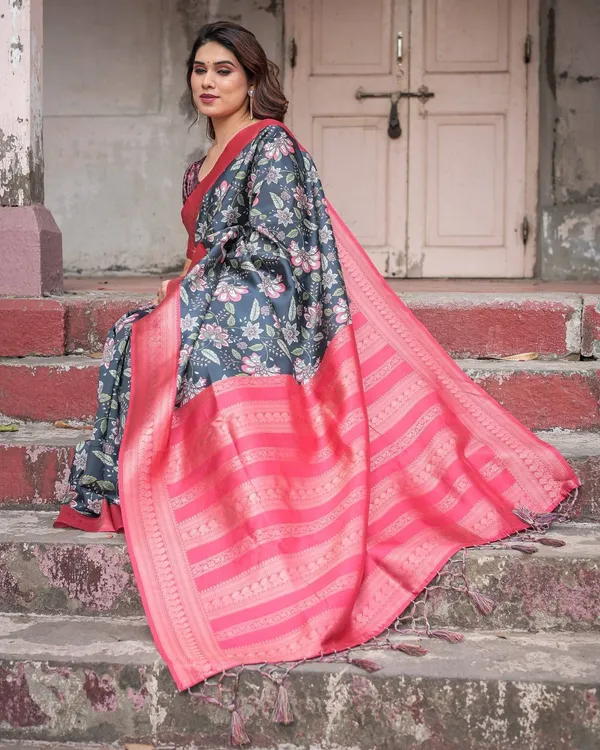 Floral_Navy_Banarasi_Silk_Saree_with_Bright_Pink_Zari_Border_and_Tassels