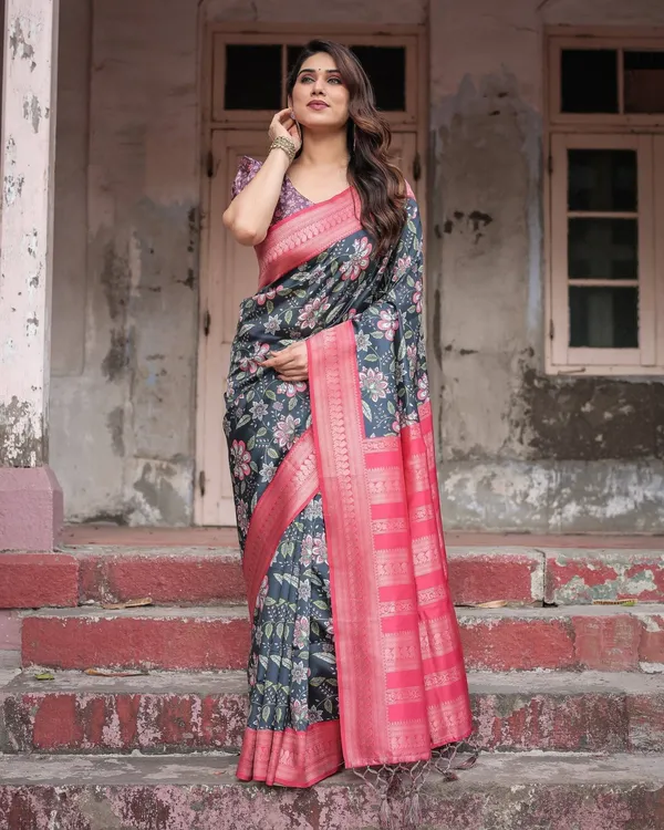 Floral_Navy_Banarasi_Silk_Saree_with_Bright_Pink_Zari_Border_and_Tassels