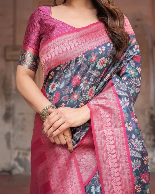 Stunning_Navy_Banarasi_Silk_Saree_with_Vibrant_Floral_Prints_and_Pink_Zari_Border