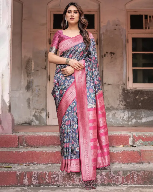 Stunning_Navy_Banarasi_Silk_Saree_with_Vibrant_Floral_Prints_and_Pink_Zari_Border