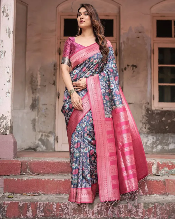 Stunning_Navy_Banarasi_Silk_Saree_with_Vibrant_Floral_Prints_and_Pink_Zari_Border