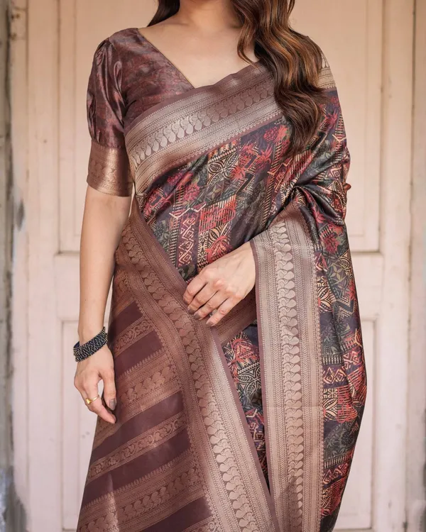 Rich_Chocolate_Banarasi_Silk_Saree_with_Geometric_Print_and_Zari_Border