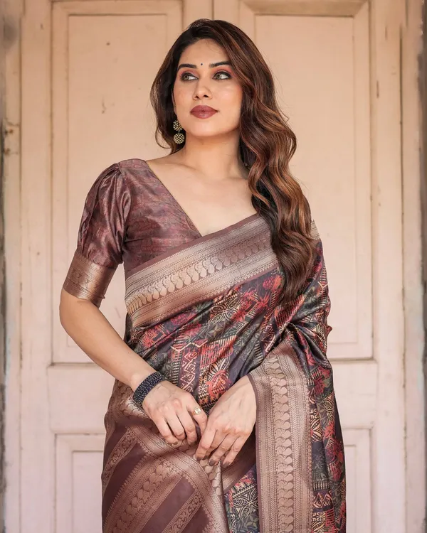 Rich_Chocolate_Banarasi_Silk_Saree_with_Geometric_Print_and_Zari_Border