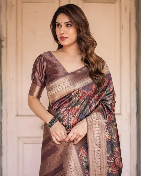 Rich_Chocolate_Banarasi_Silk_Saree_with_Geometric_Print_and_Zari_Border