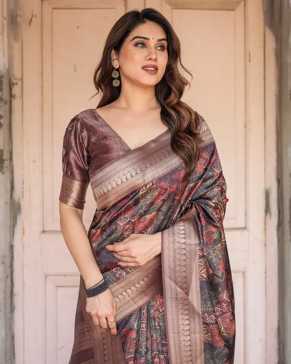 Rich_Chocolate_Banarasi_Silk_Saree_with_Geometric_Print_and_Zari_Border