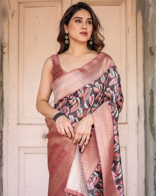 Black_Banarasi_Silk_Saree_with_Bold_Leaf_Digital_Print_&_Rosy_Pink_Zari_Border