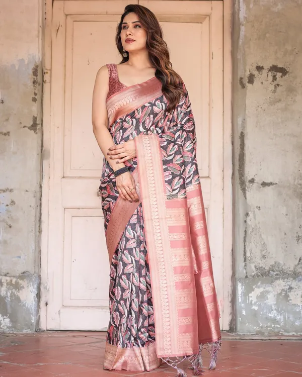 Black_Banarasi_Silk_Saree_with_Bold_Leaf_Digital_Print_&_Rosy_Pink_Zari_Border