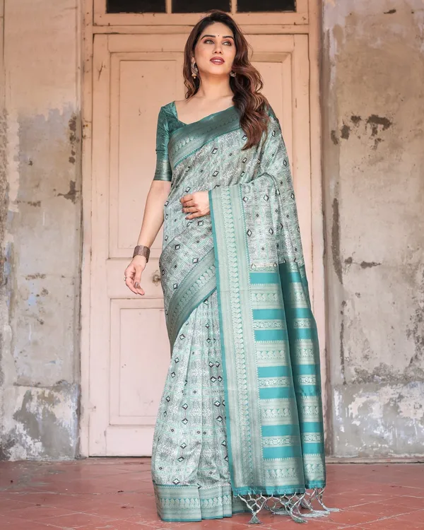 Teal_Green_Banarasi_Silk_Saree_with_Geometric_Digital_Print_&_Intricate_Zari_Border