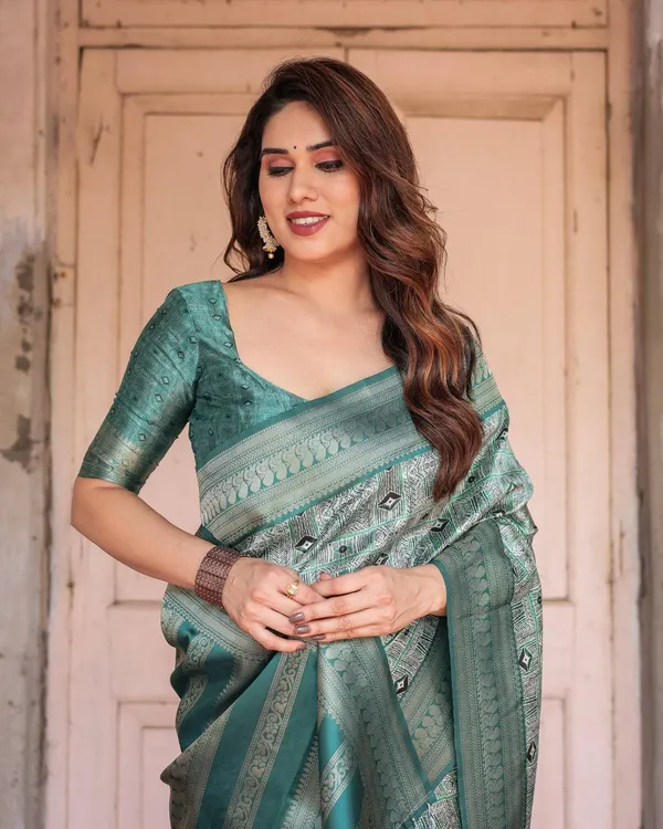 Teal_Green_Banarasi_Silk_Saree_with_Geometric_Digital_Print_&_Intricate_Zari_Border