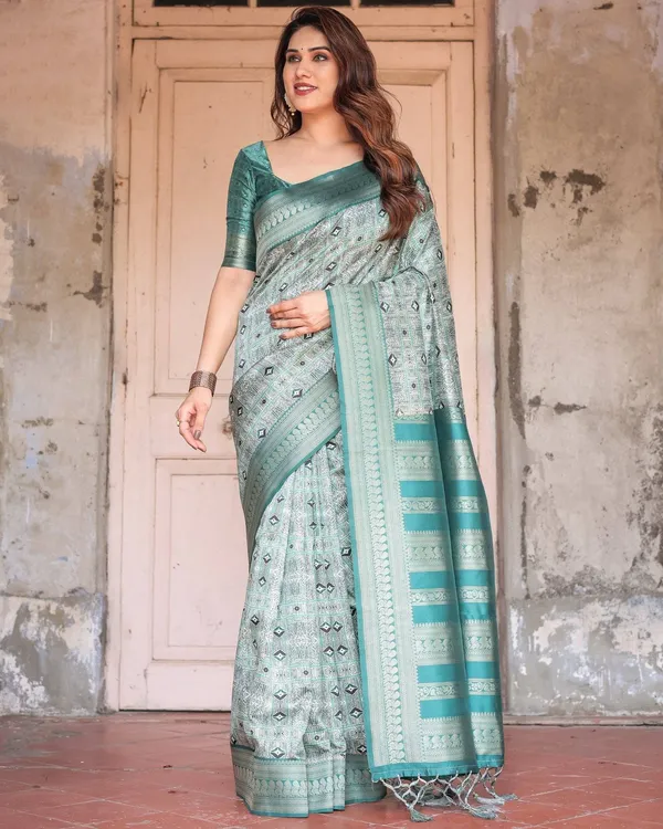 Teal_Green_Banarasi_Silk_Saree_with_Geometric_Digital_Print_&_Intricate_Zari_Border