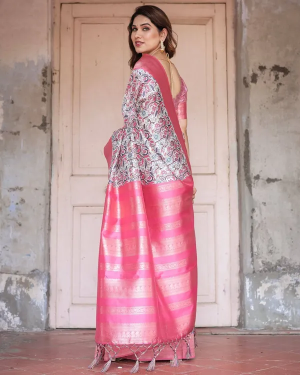 Pink_Banarasi_Silk_Saree_with_Vibrant_Floral_Digital_Print_&_Elegant_Zari_Border