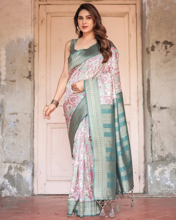 White_Banarasi_Silk_Saree_with_Pastel_Multicolor_Prints_and_Green_Zari_Border