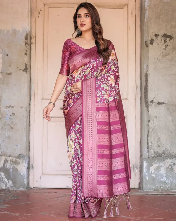 Wine_and_Rose_Gold_Floral_Banarasi_Silk_Saree_with_Zari_and_Tassels