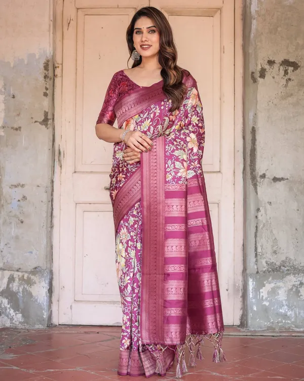 Wine_and_Rose_Gold_Floral_Banarasi_Silk_Saree_with_Zari_and_Tassels