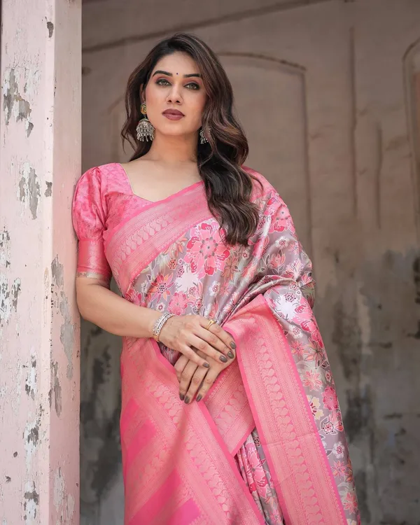 Exquisite_Pink_and_Silver_Banarasi_Silk_Floral_Saree_with_Tassels