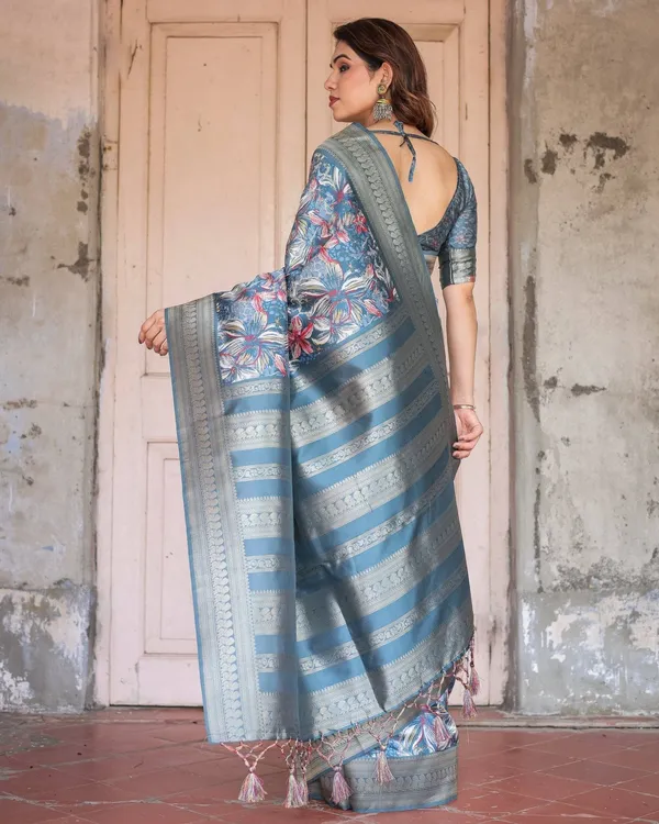 Steel_Blue_Banarasi_Silk_Saree_with_Tropical_Floral_Digital_Print_&_Zari_Border