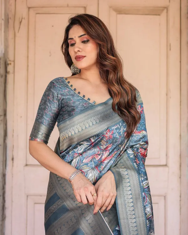 Steel_Blue_Banarasi_Silk_Saree_with_Tropical_Floral_Digital_Print_&_Zari_Border