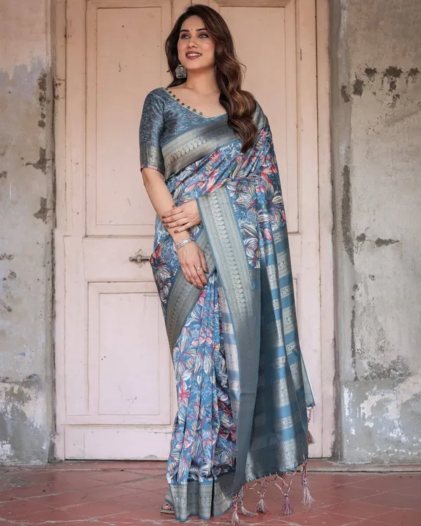 Steel_Blue_Banarasi_Silk_Saree_with_Tropical_Floral_Digital_Print_&_Zari_Border