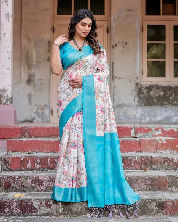 White_and_Aqua_Floral_Design_Banarasi_Silk_Saree_with_Zari_Weave_and_Tassel-Embellished_Pallu