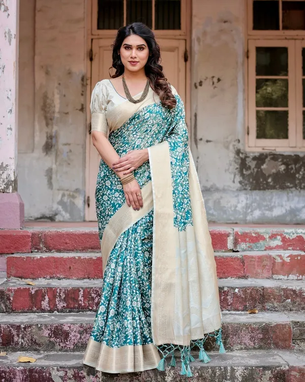 Teal_and_Cream_Floral_Banarasi_Silk_Saree_with_Zari_Weave_and_Tassel-Accented_Pallu