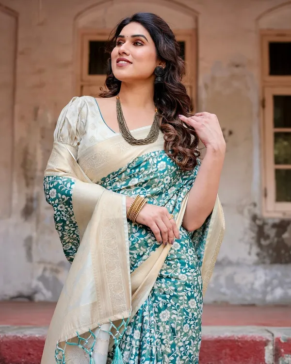 Teal_and_Cream_Floral_Banarasi_Silk_Saree_with_Zari_Weave_and_Tassel-Accented_Pallu