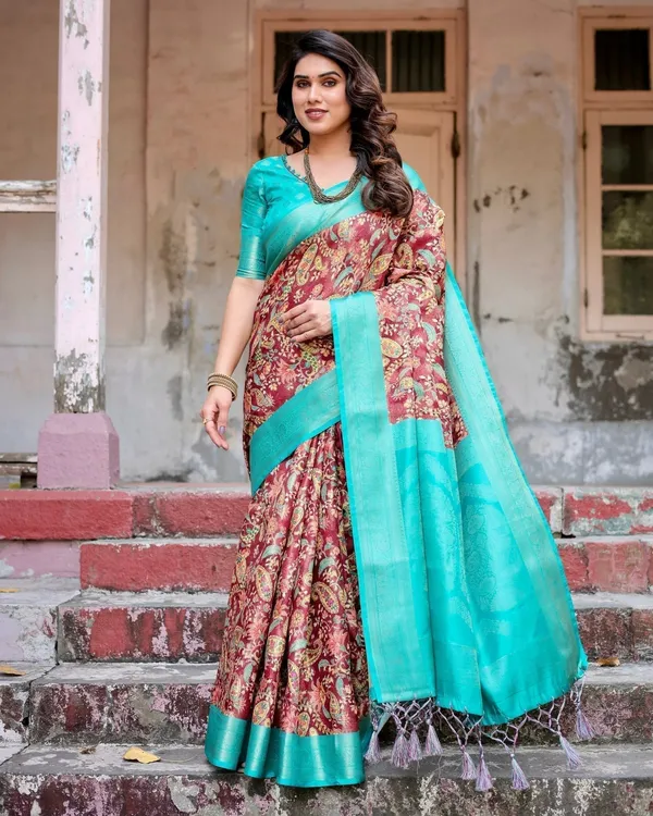 Maroon_and_Teal_Paisley_Design_Banarasi_Silk_Saree_with_Zari_Weave_and_Tassel-Embellished_Pallu