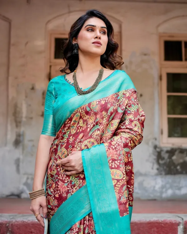 Maroon_and_Teal_Paisley_Design_Banarasi_Silk_Saree_with_Zari_Weave_and_Tassel-Embellished_Pallu