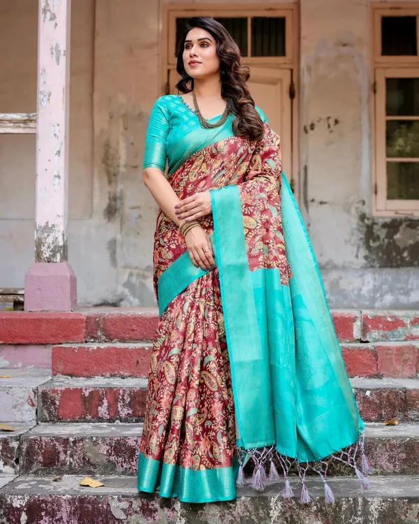 Maroon_and_Teal_Paisley_Design_Banarasi_Silk_Saree_with_Zari_Weave_and_Tassel-Embellished_Pallu