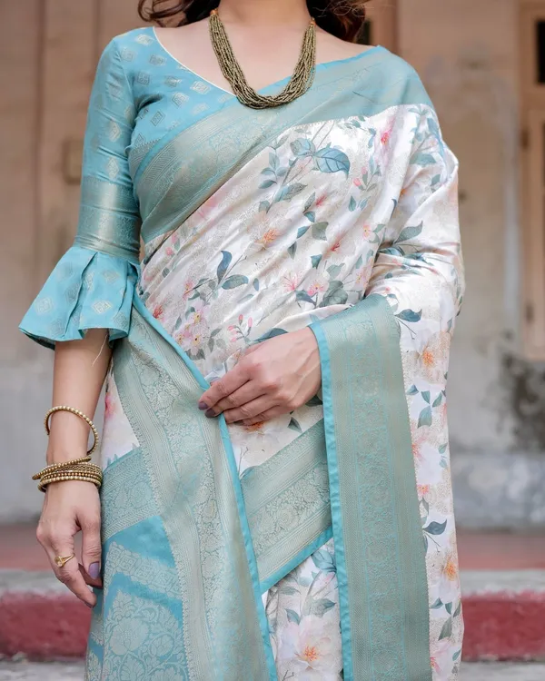 White_and_Aqua_Floral_Digital_Print_Banarasi_Silk_Saree_with_Zari_Weave_and_Tassel-Adorned_Pallu