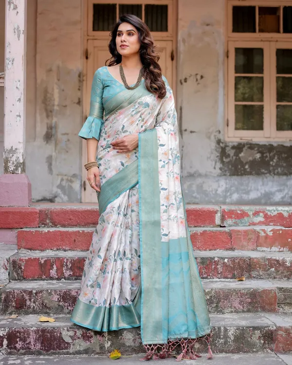 White_and_Aqua_Floral_Digital_Print_Banarasi_Silk_Saree_with_Zari_Weave_and_Tassel-Adorned_Pallu