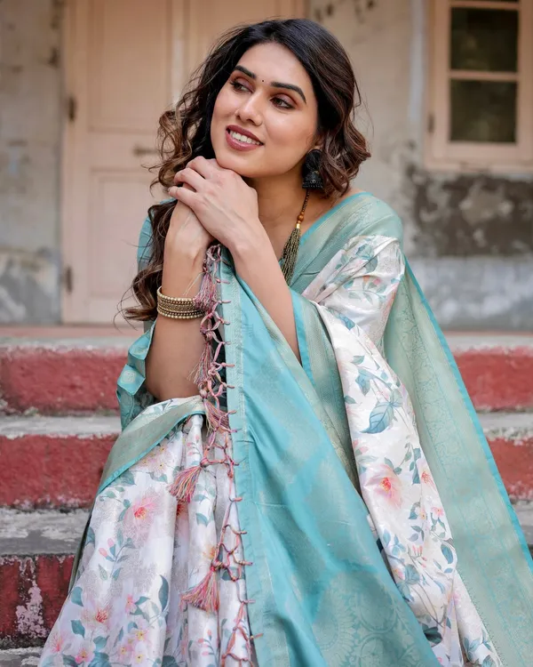 White_and_Aqua_Floral_Digital_Print_Banarasi_Silk_Saree_with_Zari_Weave_and_Tassel-Adorned_Pallu