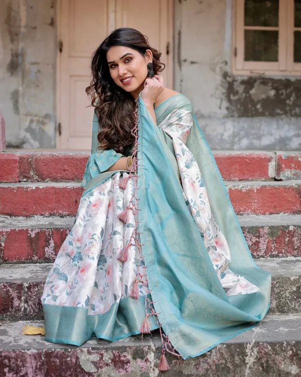 White_and_Aqua_Floral_Digital_Print_Banarasi_Silk_Saree_with_Zari_Weave_and_Tassel-Adorned_Pallu