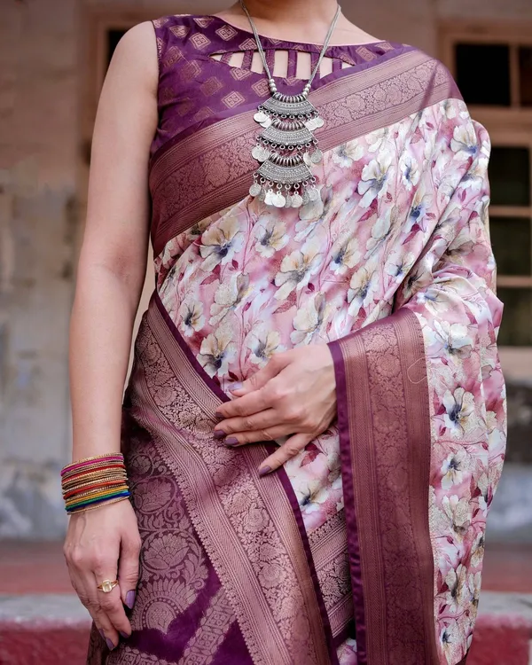 Elegant_Wine_Floral_Banarasi_Silk_Saree_with_Zari_Weave_and_Tassels