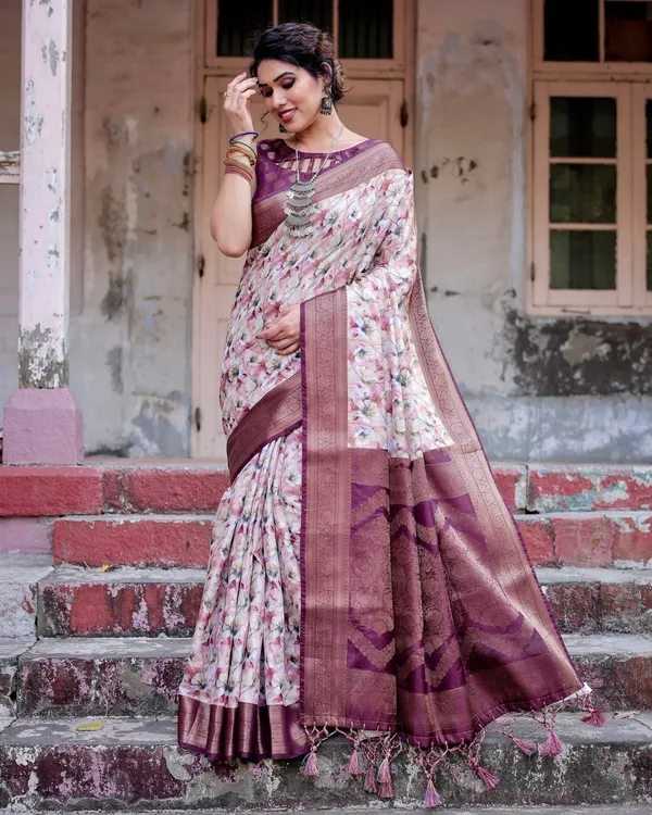 Elegant_Wine_Floral_Banarasi_Silk_Saree_with_Zari_Weave_and_Tassels