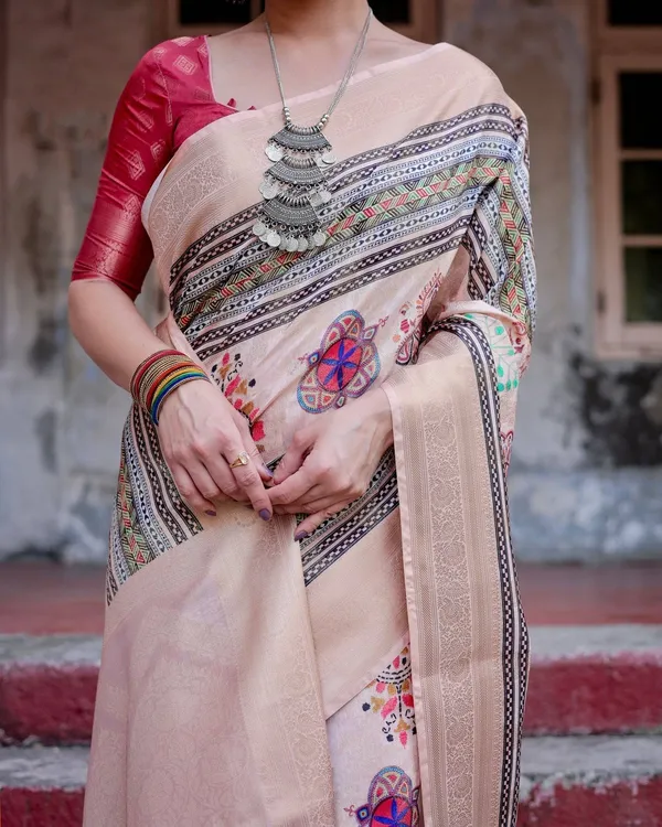 Elegant_Peach_Banarasi_Silk_Saree_with_Multicolor_Embroidery_and_Tassels