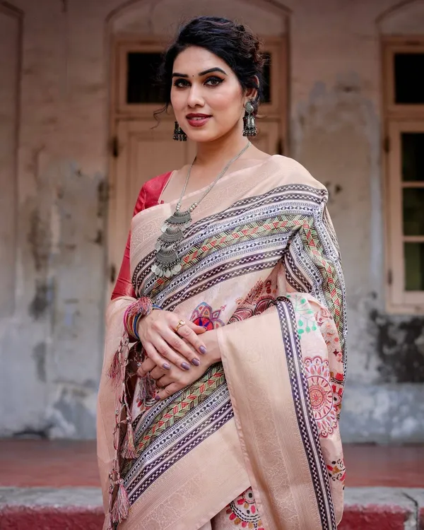Elegant_Peach_Banarasi_Silk_Saree_with_Multicolor_Embroidery_and_Tassels