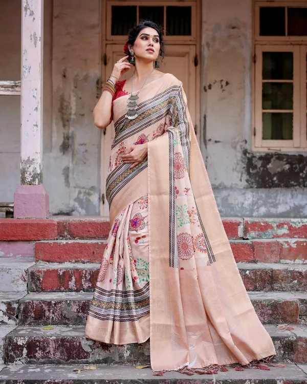 Elegant_Peach_Banarasi_Silk_Saree_with_Multicolor_Embroidery_and_Tassels
