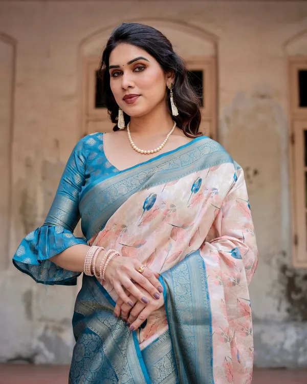 Peach_and_Teal_Floral_Digital_Print_Banarasi_Silk_Saree_with_Zari_Weave_and_Tassel-Adorned_Pallu