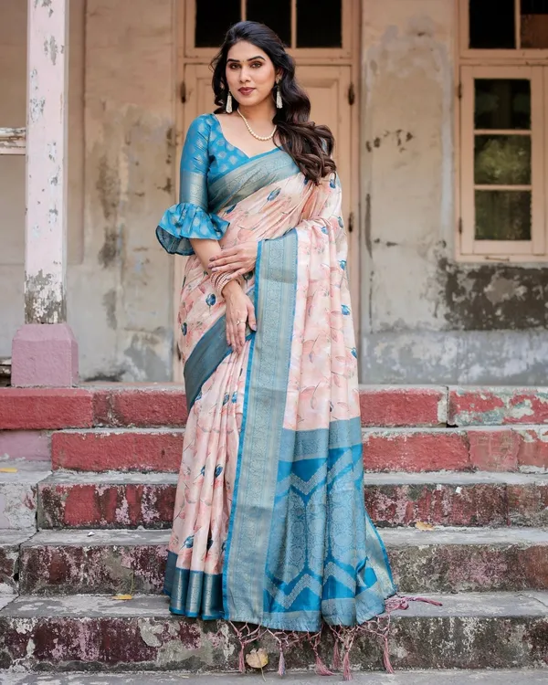 Peach_and_Teal_Floral_Digital_Print_Banarasi_Silk_Saree_with_Zari_Weave_and_Tassel-Adorned_Pallu