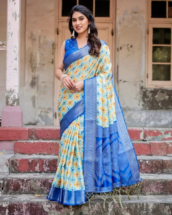 Yellow_and_Blue_Ikat_Digital_Print_Banarasi_Silk_Saree_with_Zari_Weave_and_Tassel-Embellished_Pallu