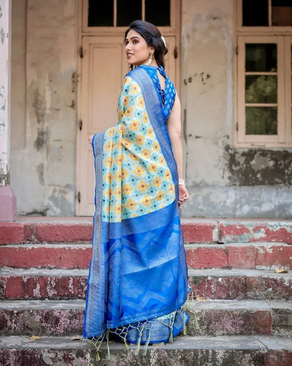 Yellow_and_Blue_Ikat_Digital_Print_Banarasi_Silk_Saree_with_Zari_Weave_and_Tassel-Embellished_Pallu