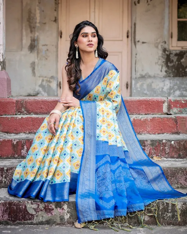Yellow_and_Blue_Ikat_Digital_Print_Banarasi_Silk_Saree_with_Zari_Weave_and_Tassel-Embellished_Pallu